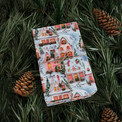 Christmas Wrapping Paper, Holiday Gift Wrap with Cozy Winter Houses, Festive Present Christmas Gifts & Seasonal Parties, Pink Winter Village