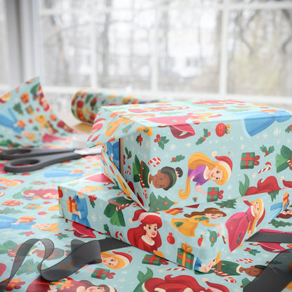 Princess Christmas Wrapping Paper, Cute Holiday Gift Wrap with Diverse Princess Characters, Candy Canes & Trees, Kids Xmas Packaging