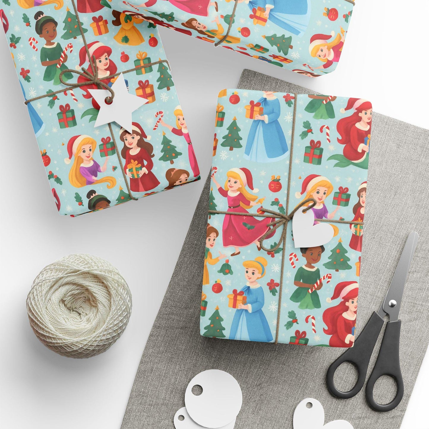 Princess Christmas Wrapping Paper, Cute Holiday Gift Wrap with Diverse Princess Characters, Candy Canes & Trees, Kids Xmas Packaging