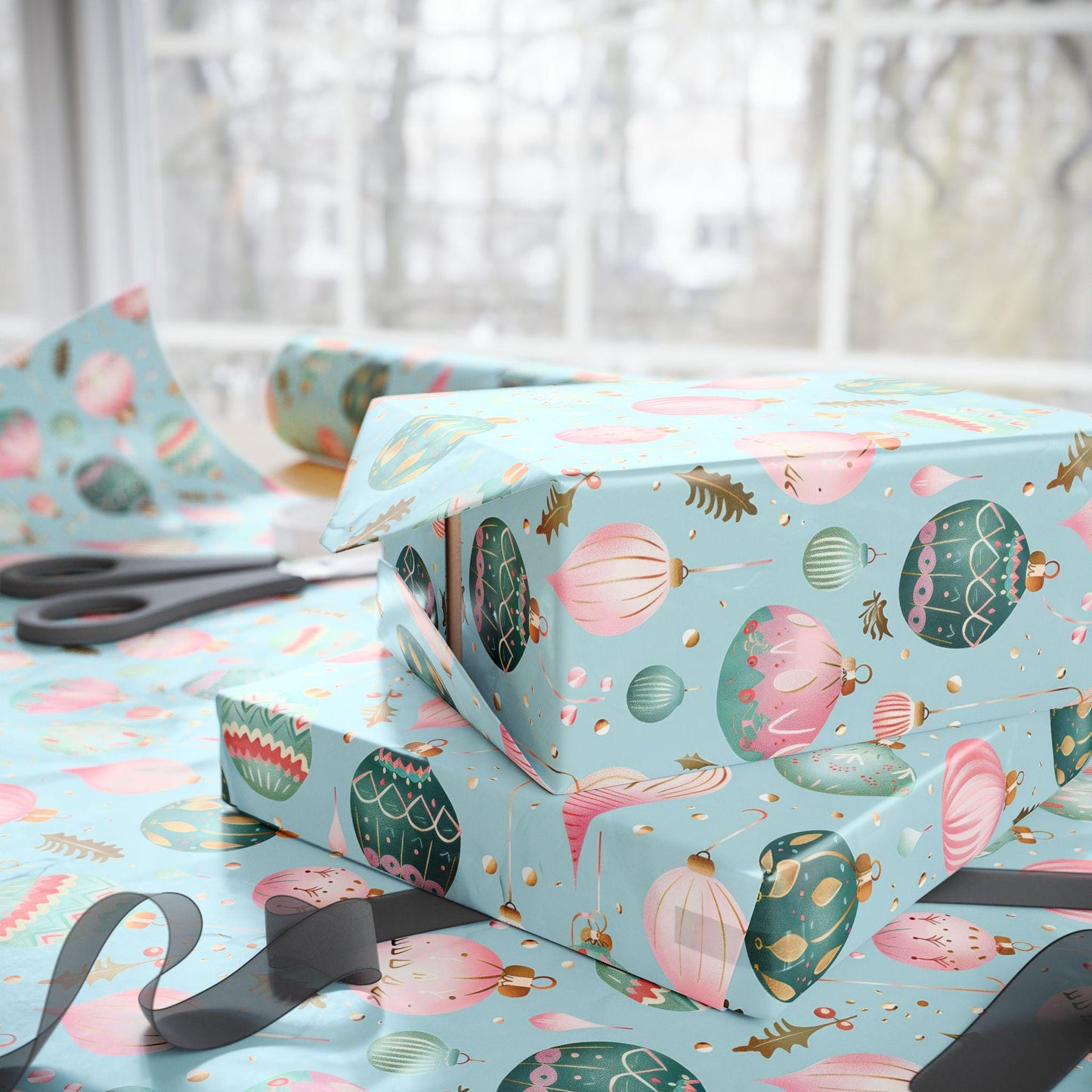 Christmas Wrapping Papers, Holiday Gift Wrap, Festive Vintage Ornaments, Pink & Green Xmas Design, Holiday Wrapping Paper Set