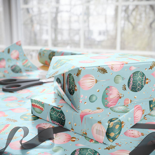 Christmas Wrapping Papers, Holiday Gift Wrap, Festive Vintage Ornaments, Pink & Green Xmas Design, Holiday Wrapping Paper Set