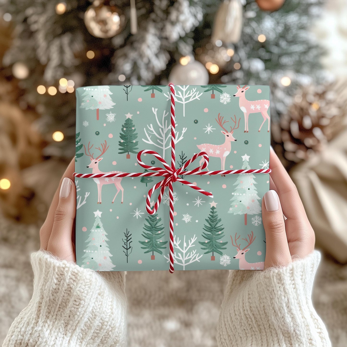 Pink & Sage Green Christmas Gift Wrap: Winter Woodlands Wrapping paper