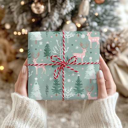 Pink & Sage Green Christmas Gift Wrap: Winter Woodlands Wrapping paper