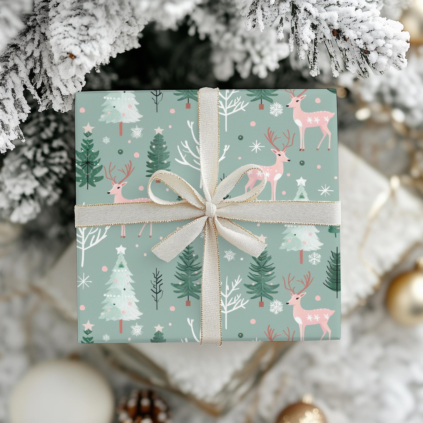 Pink & Sage Green Christmas Gift Wrap: Winter Woodlands Wrapping paper