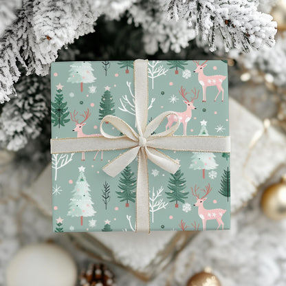 Pink & Sage Green Christmas Gift Wrap: Winter Woodlands Wrapping paper