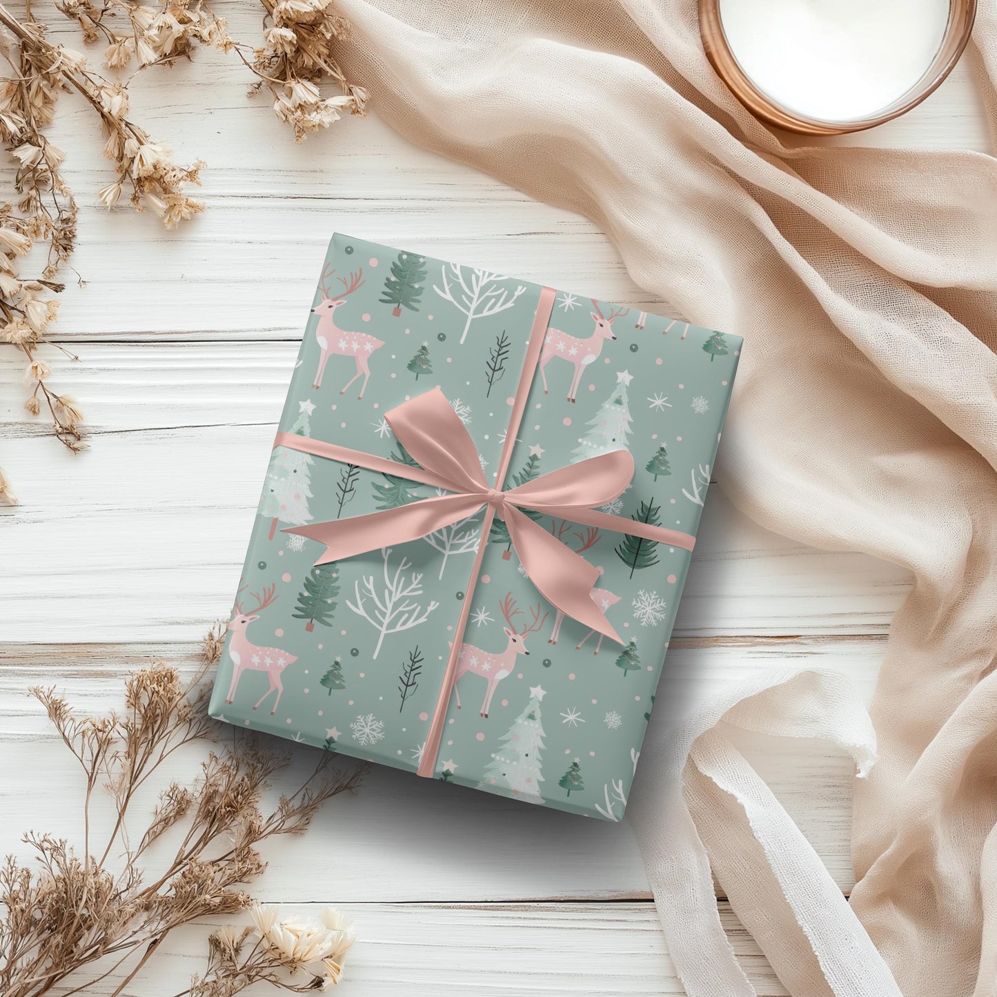 Pink & Sage Green Christmas Gift Wrap: Winter Woodlands Wrapping paper