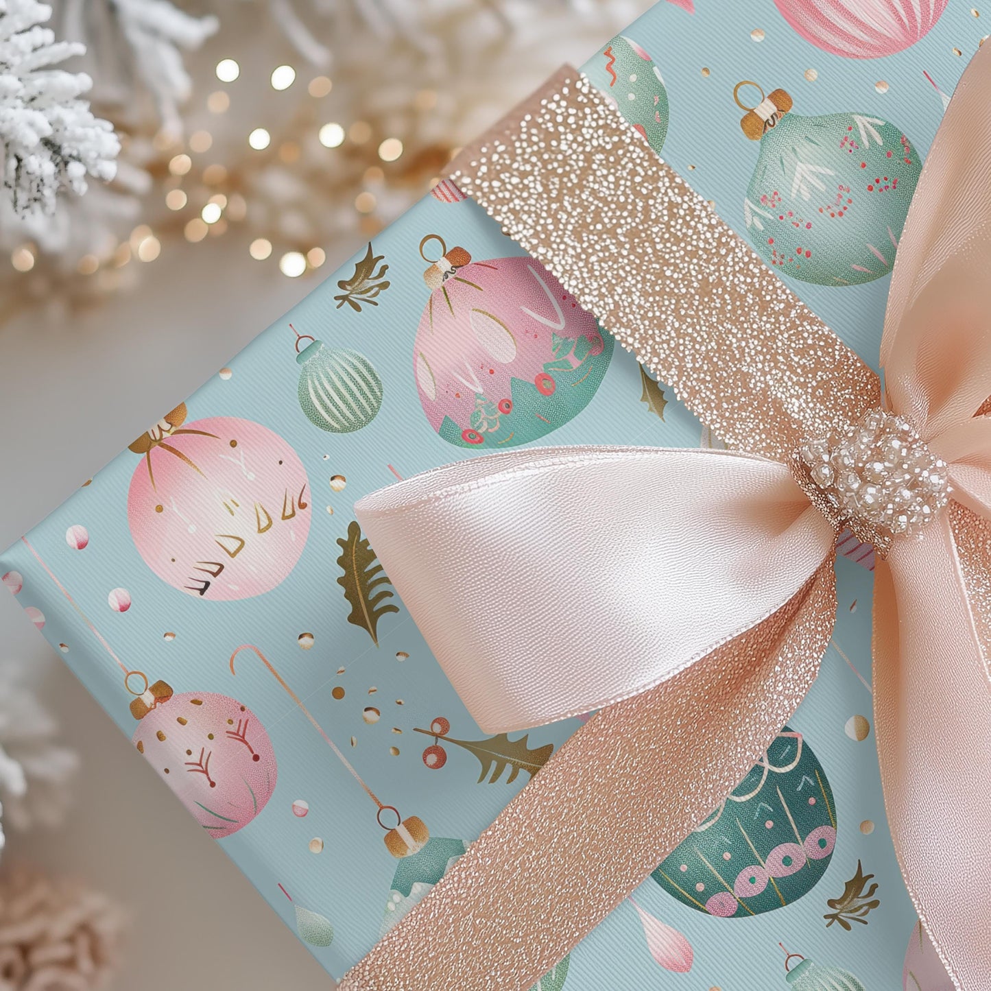 Christmas Wrapping Papers, Holiday Gift Wrap, Festive Vintage Ornaments, Pink & Green Xmas Design, Holiday Wrapping Paper Set