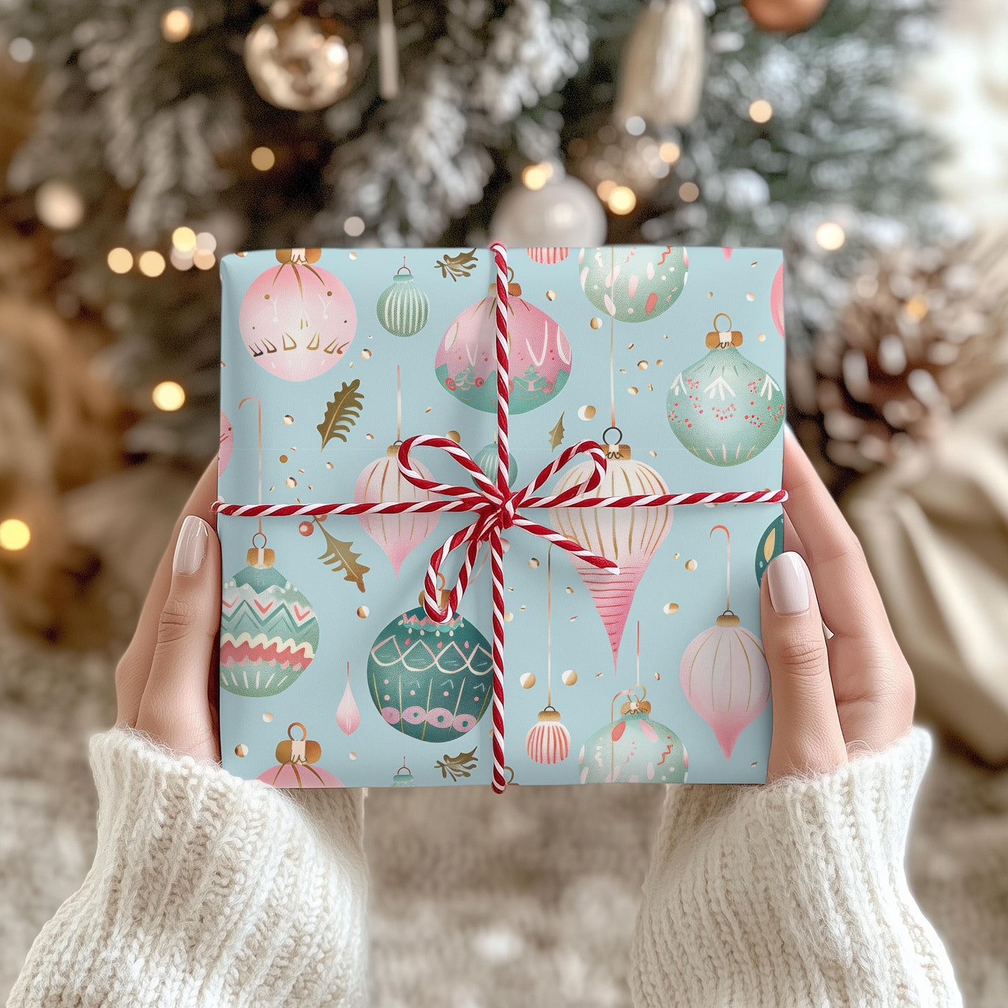 Christmas Wrapping Papers, Holiday Gift Wrap, Festive Vintage Ornaments, Pink & Green Xmas Design, Holiday Wrapping Paper Set