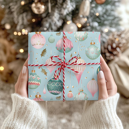 Christmas Wrapping Papers, Holiday Gift Wrap, Festive Vintage Ornaments, Pink & Green Xmas Design, Holiday Wrapping Paper Set