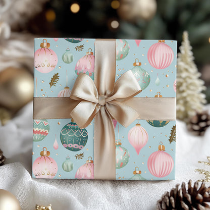 Christmas Wrapping Papers, Holiday Gift Wrap, Festive Vintage Ornaments, Pink & Green Xmas Design, Holiday Wrapping Paper Set