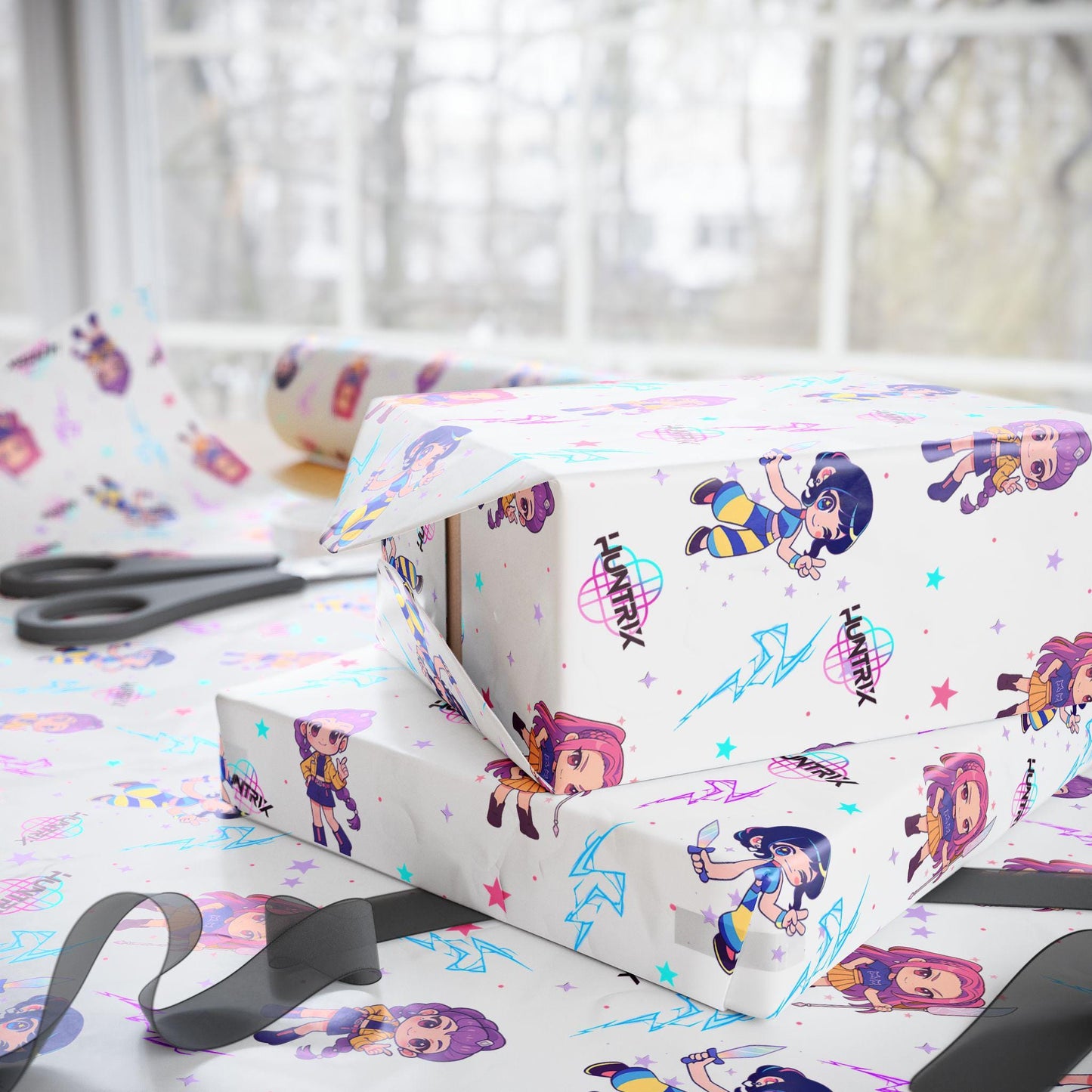 K-Pop Demon  Hunter Anime Wrapping Paper | Cute Chibi Gift Wrap | Kawaii Character Wrap | Korean Pop Fan Art | Aesthetic Gift Wrap Sheets