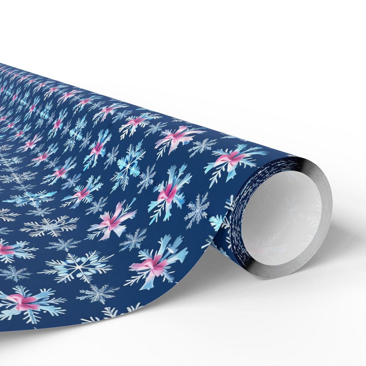 Blue Snowflake Pink Bows Wrapping Paper, Winter Holiday Gift Wrap, Christmas Present Wrap, Seasonal Party Packaging Paper Sheets