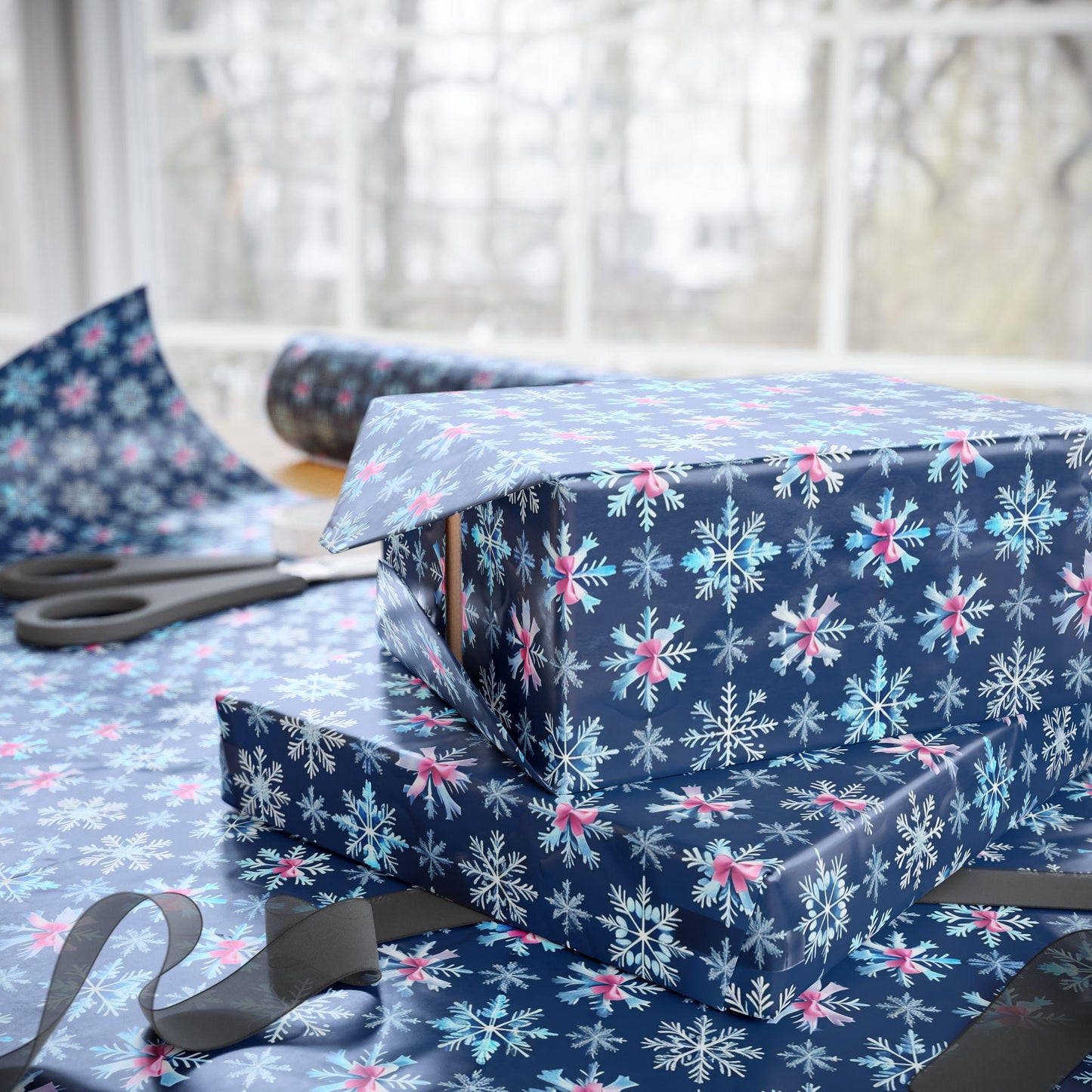 Blue Snowflake Pink Bows Wrapping Paper, Winter Holiday Gift Wrap, Christmas Present Wrap, Seasonal Party Packaging Paper Sheets