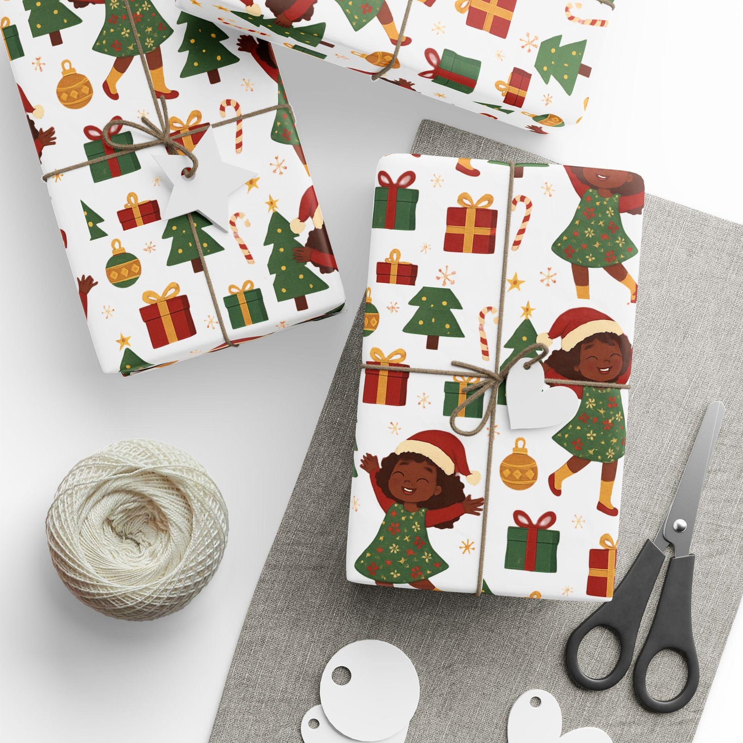 Black Christmas Wrapping Paper: Joyful Kids in Santa Hats