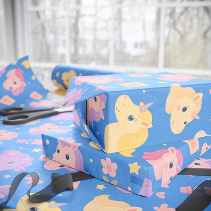 Cute Unicorn Wrapping Paper for Kids Birthday, Gift Wrap Roll, Rainbow Horse Party Supplies, Baby Shower Present Wrap, Blue Pastel