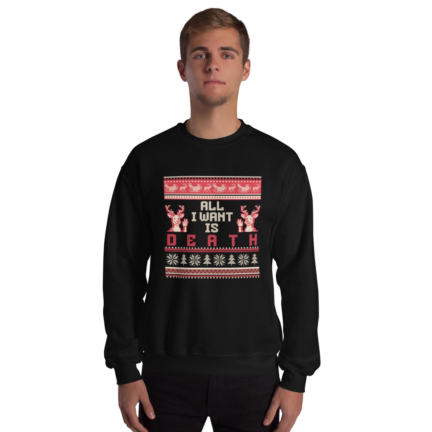 All I Want Is Death Christmas Jumper | Funny Dark Humour Xmas | Ugly Holiday Knitwear | Alternative Gothic Party Outfit