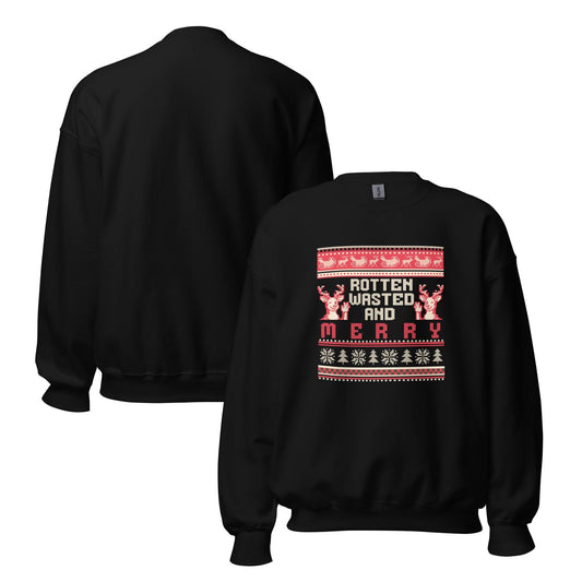 Rotten Wasted and Merry Christmas Jumper | Funny Drinking Xmas | Ugly Holiday Knitwear | Alternative Humour Xmas Outfit Gift