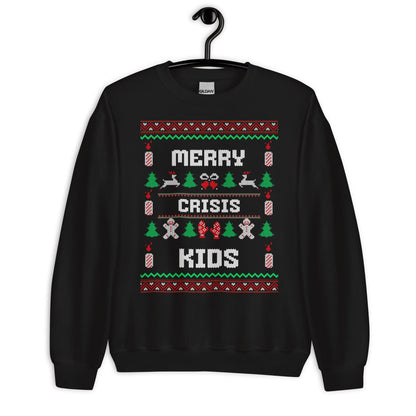 Merry Crisis Kids Funny Christmas Jumper | Ugly Style Festive Knit | Sarcastic Xmas Party Jumper | Novelty Gag Gift for Adults