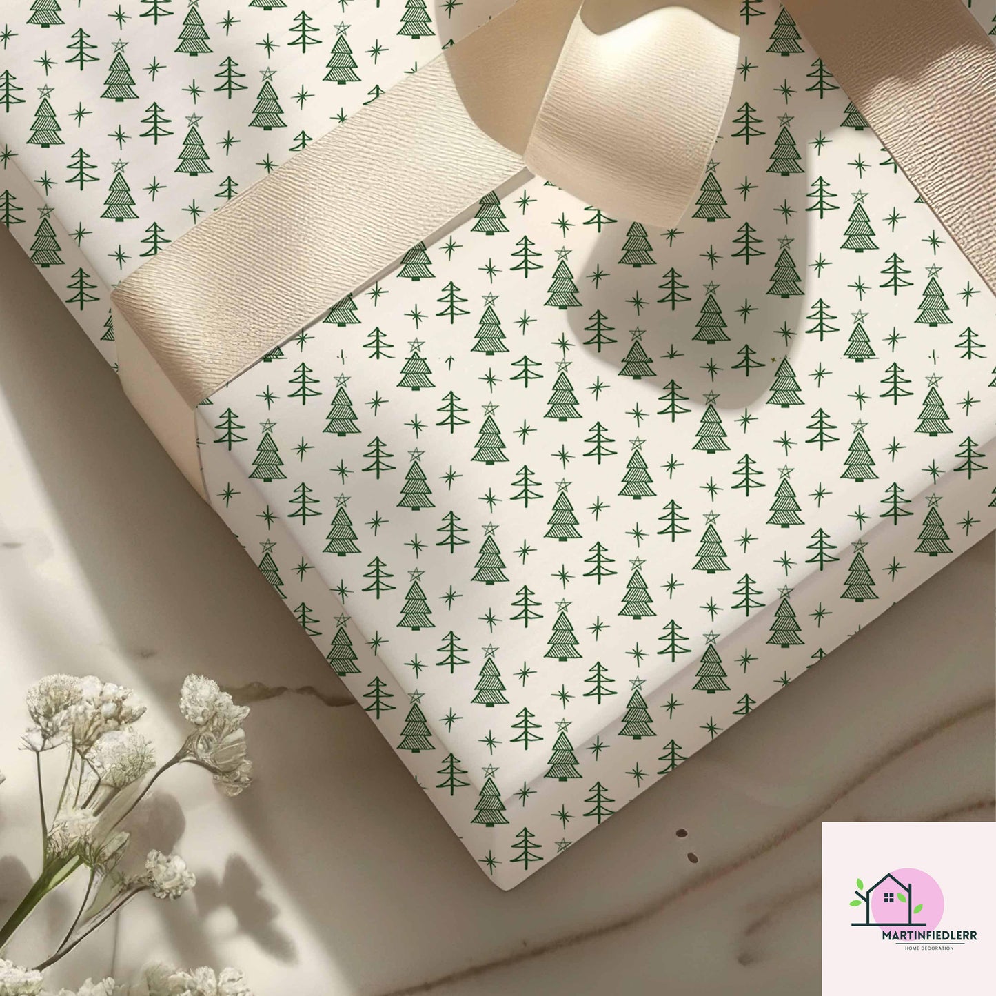 Minimal Christmas Tree Wrapping Paper, White Green Holiday Gift Wrap Sheets, Rustic Winter Forest Packaging, Simple Festive Modern Style
