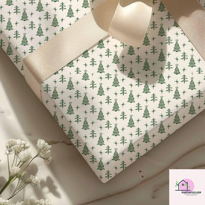 Minimal Christmas Tree Wrapping Paper, White Green Holiday Gift Wrap Sheets, Rustic Winter Forest Packaging, Simple Festive Modern Style