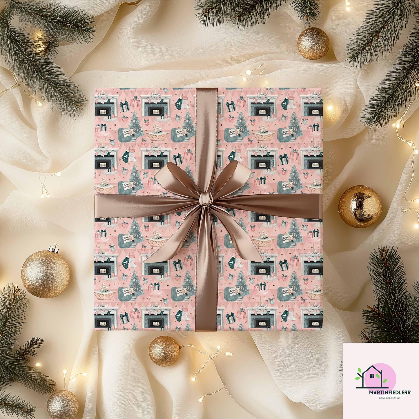 Pastel Pink Christmas Wrapping Paper: Modern Vintage Fireplace Gift Wrap
