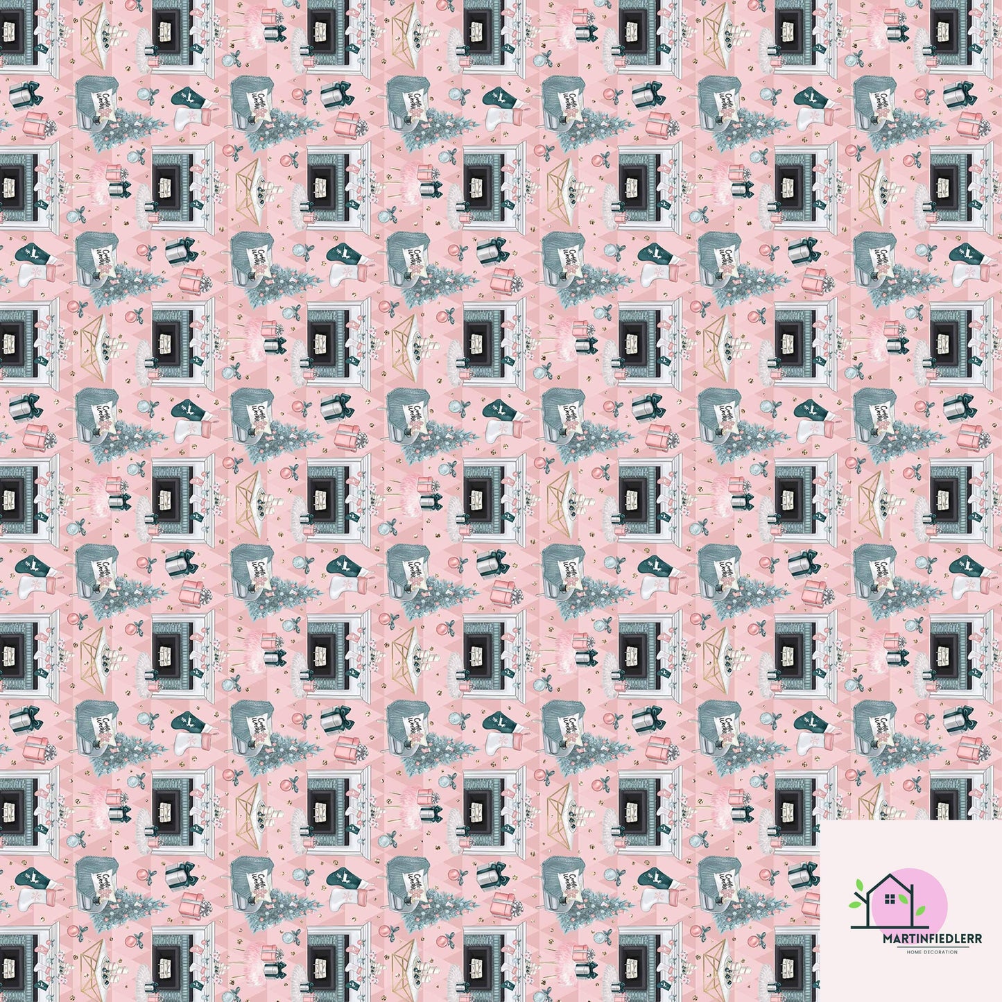 Pastel Pink Christmas Wrapping Paper: Modern Vintage Fireplace Gift Wrap