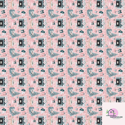 Pastel Pink Christmas Wrapping Paper: Modern Vintage Fireplace Gift Wrap