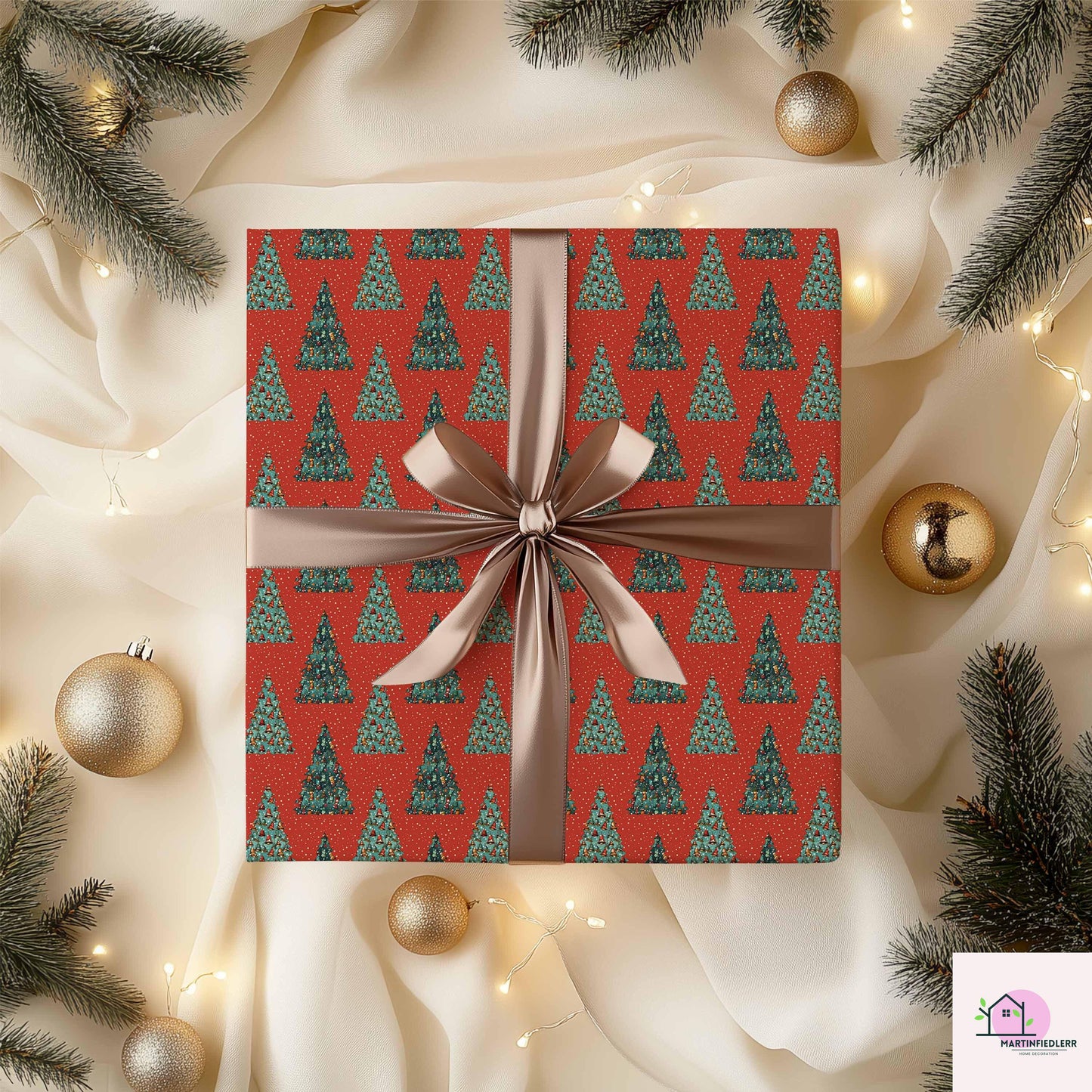 Red Christmas Tree Wrapping Paper, Holiday Gift Wrap Sheets, Festive Green Pine Forest Packaging, Traditional Winter Seasonal Style
