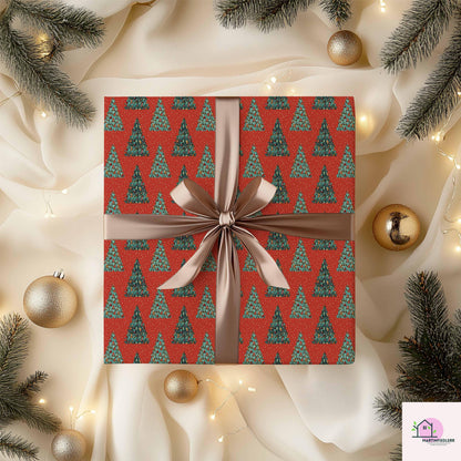 Red Christmas Tree Wrapping Paper, Holiday Gift Wrap Sheets, Festive Green Pine Forest Packaging, Traditional Winter Seasonal Style