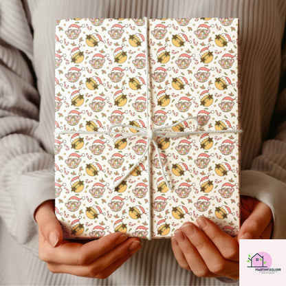 Christmas Ornament Wrapping Paper, Golden Bell Holiday Gift Wrap Sheets, Candy Cane Star Packaging, Festive Pink Red Green Style