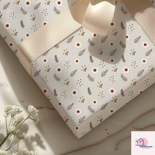 Beige Floral Christmas Wrapping Paper: Elegant Festive Gift Wrap
