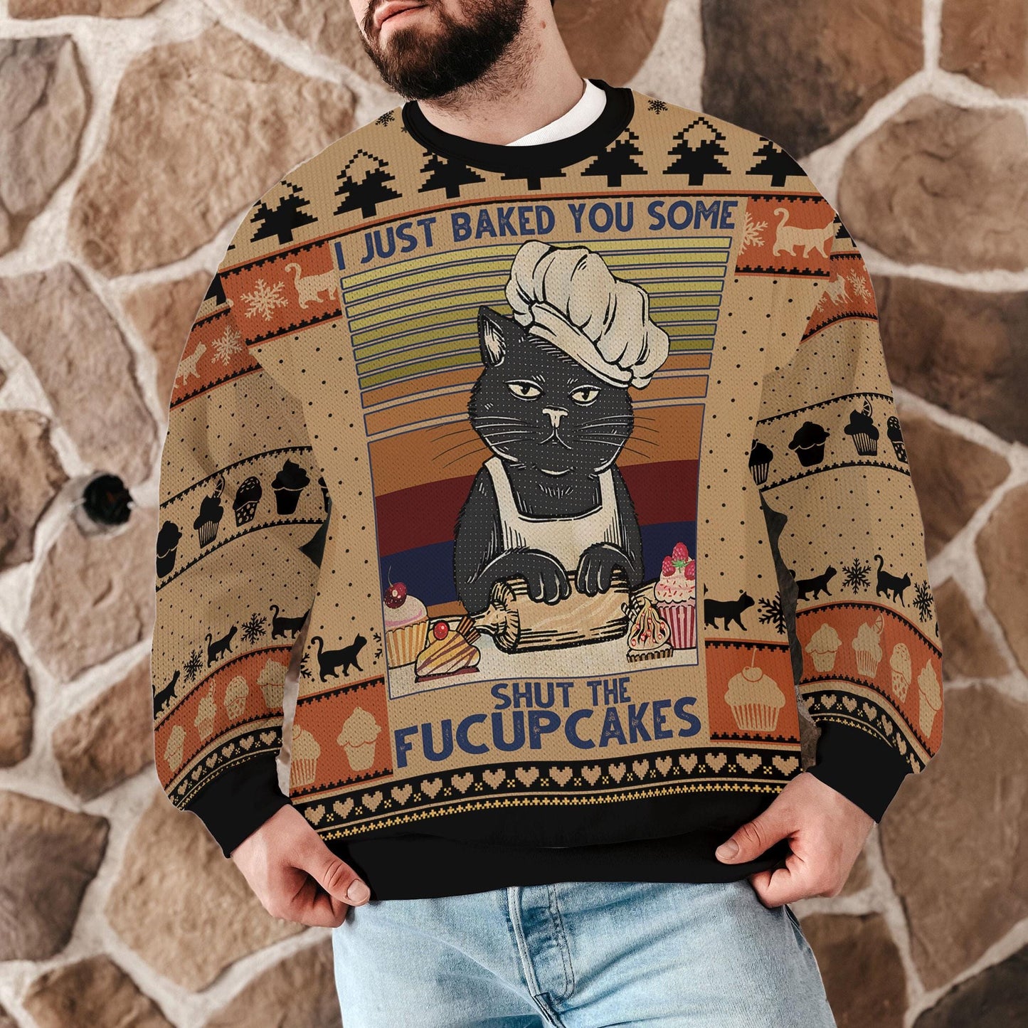 Funny Cat Ugly Christmas Sweater Shut The Fucupcakes Holiday Sweatshirt, Black Cat Baker Xmas Jumper Sweater Gift for Cat Lovers Bakers