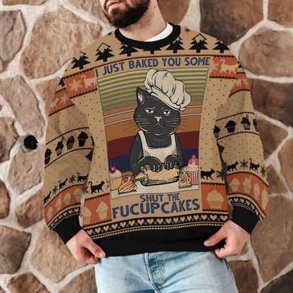 Funny Cat Ugly Christmas Sweater Shut The Fucupcakes Holiday Sweatshirt, Black Cat Baker Xmas Jumper Sweater Gift for Cat Lovers Bakers