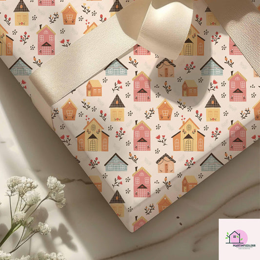 Christmas Village Wrapping Paper, Colorful Cottage Holiday Gift Wrap Sheets, Rustic Winter House Pattern Packaging, Festive Vintage Style