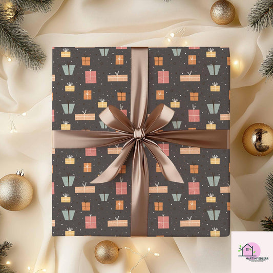 Christmas Gift Wrapping Paper: Pastel Boxes on Charcoal, Festive Holiday Style