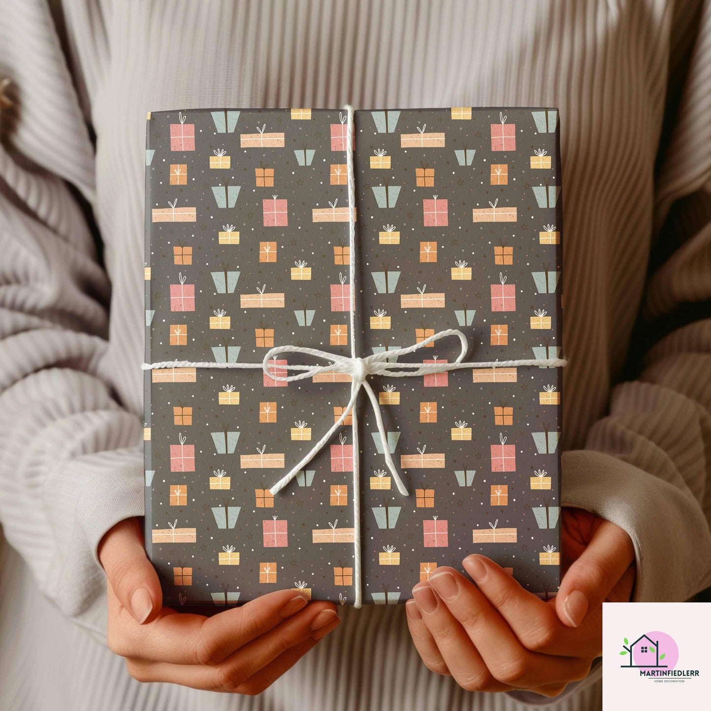Christmas Gift Wrapping Paper: Pastel Boxes on Charcoal, Festive Holiday Style