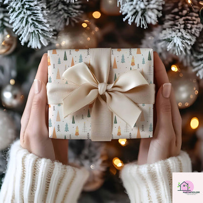 Scandinavian Christmas Tree Wrapping Paper, Minimal Holiday Gift Wrap Sheets, Modern Rustic Winter Packaging, Festive Colorful Style