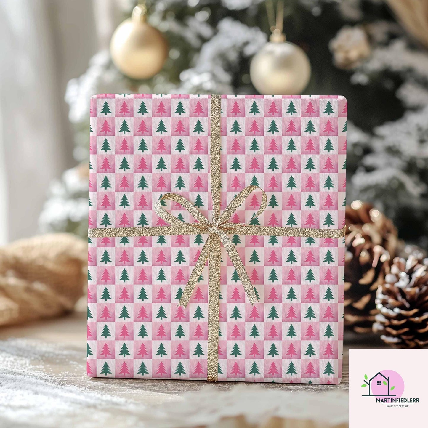 Pink Christmas Tree Wrapping Paper, Modern Holiday Gift Wrap Sheets, Festive Green Pine Pattern Packaging, Playful Winter Party Style