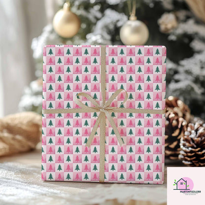 Pink Christmas Tree Wrapping Paper, Modern Holiday Gift Wrap Sheets, Festive Green Pine Pattern Packaging, Playful Winter Party Style