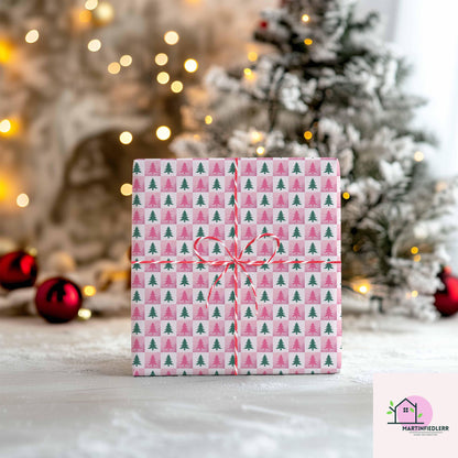 Pink Christmas Tree Wrapping Paper, Modern Holiday Gift Wrap Sheets, Festive Green Pine Pattern Packaging, Playful Winter Party Style