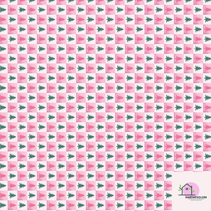 Pink Christmas Tree Wrapping Paper, Modern Holiday Gift Wrap Sheets, Festive Green Pine Pattern Packaging, Playful Winter Party Style