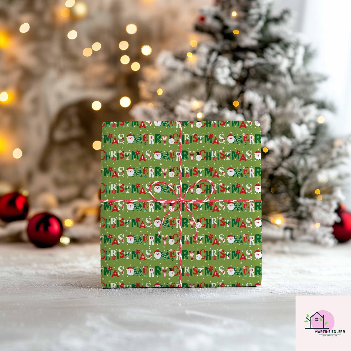 Green Christmas Wrapping Paper: Santa, Tree, Candy Cane Design