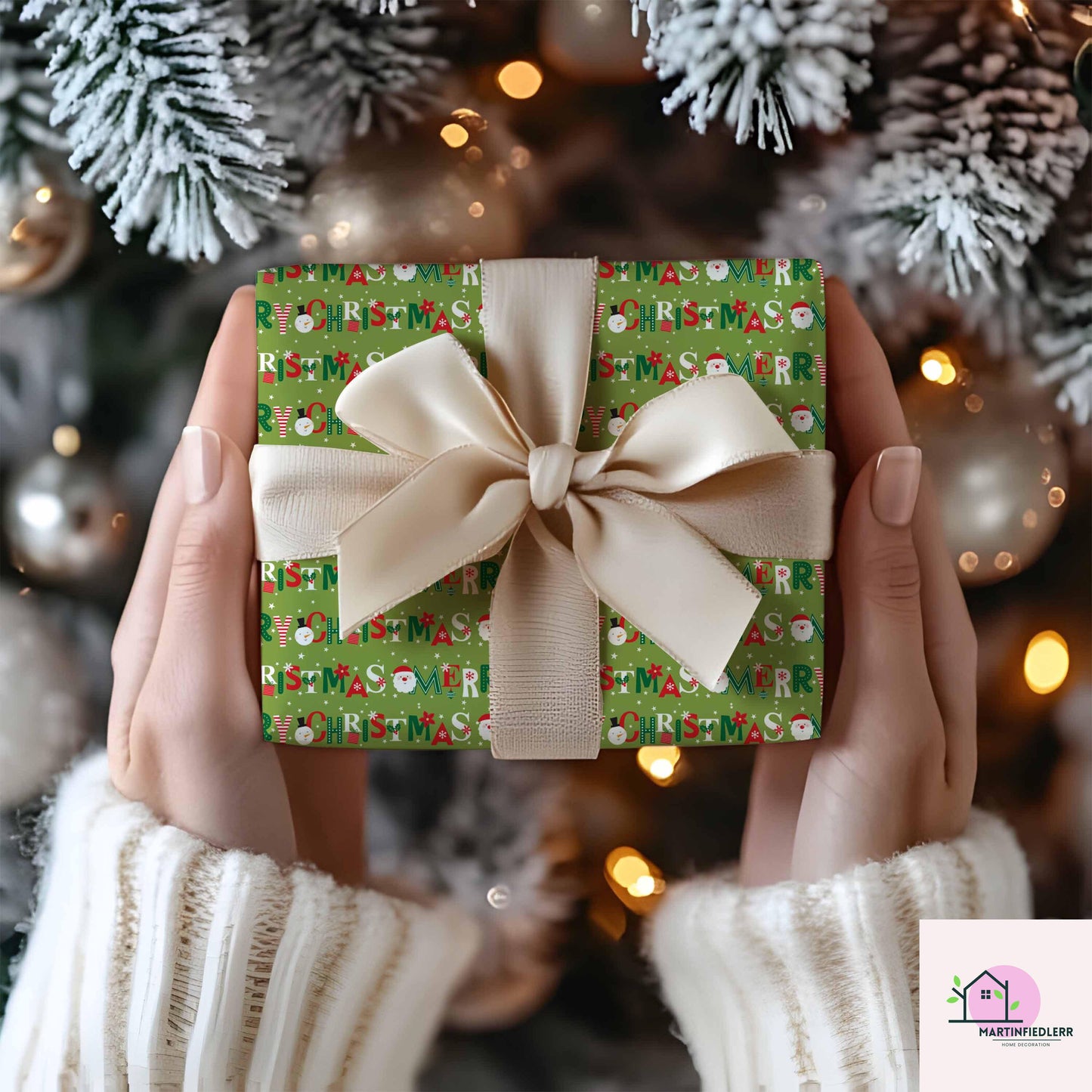 Green Christmas Wrapping Paper: Santa, Tree, Candy Cane Design