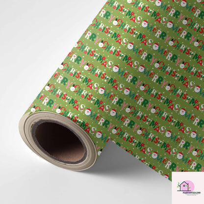Green Christmas Wrapping Paper: Santa, Tree, Candy Cane Design