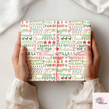 Christmas Typography Wrapping Paper, Holiday Word Art Gift Wrap Sheets, Red Green Lettering Packaging, Festive Modern Winter Party Style