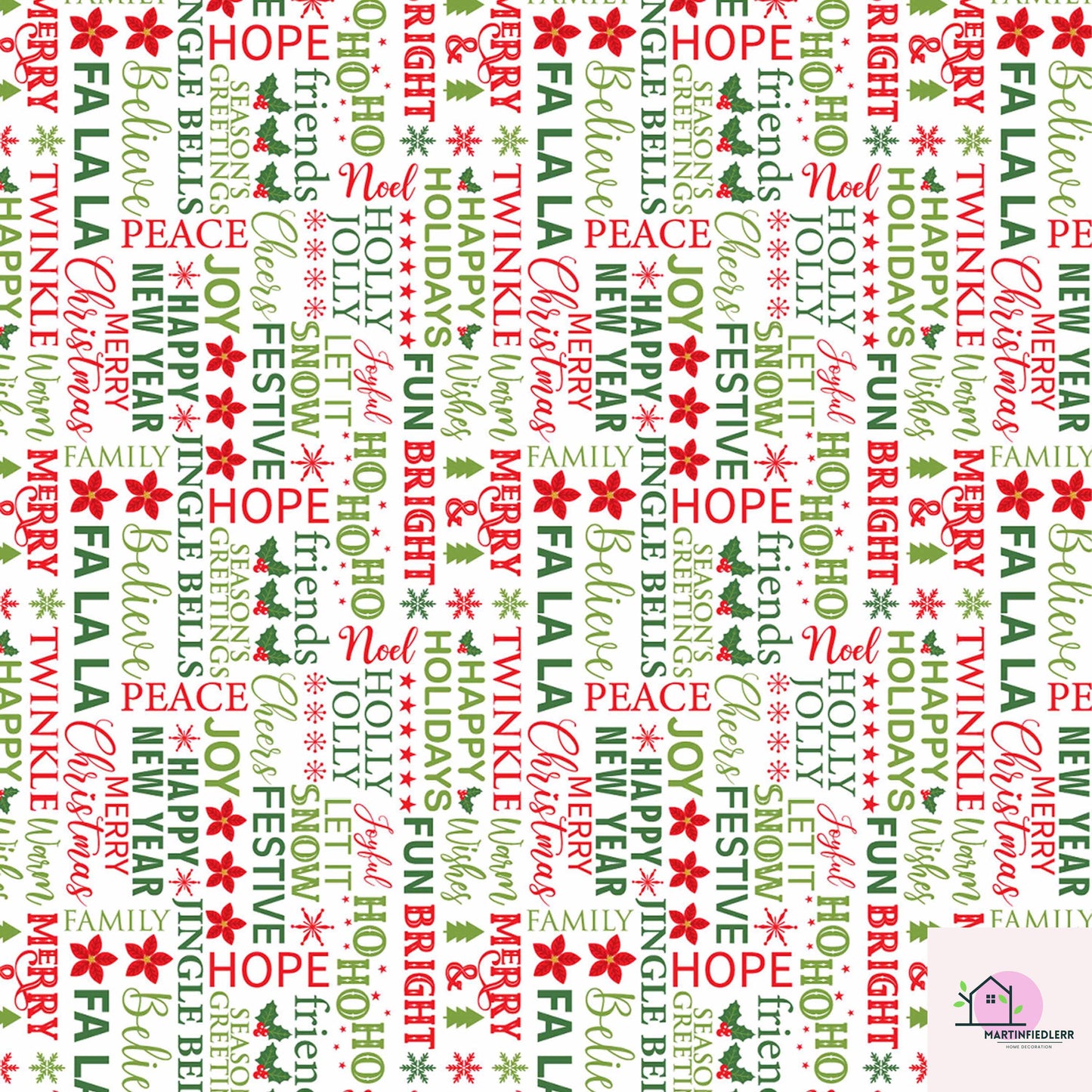 Christmas Typography Wrapping Paper, Holiday Word Art Gift Wrap Sheets, Red Green Lettering Packaging, Festive Modern Winter Party Style