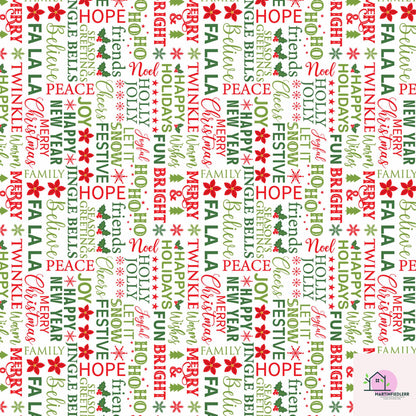 Christmas Typography Wrapping Paper, Holiday Word Art Gift Wrap Sheets, Red Green Lettering Packaging, Festive Modern Winter Party Style