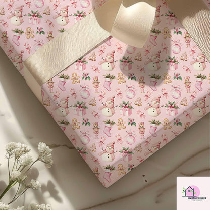 Pink Christmas Wrapping Paper: Snowman & Gingerbread Design