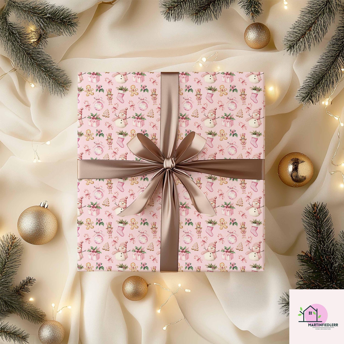 Pink Christmas Wrapping Paper: Snowman & Gingerbread Design