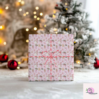Pink Christmas Wrapping Paper: Snowman & Gingerbread Design